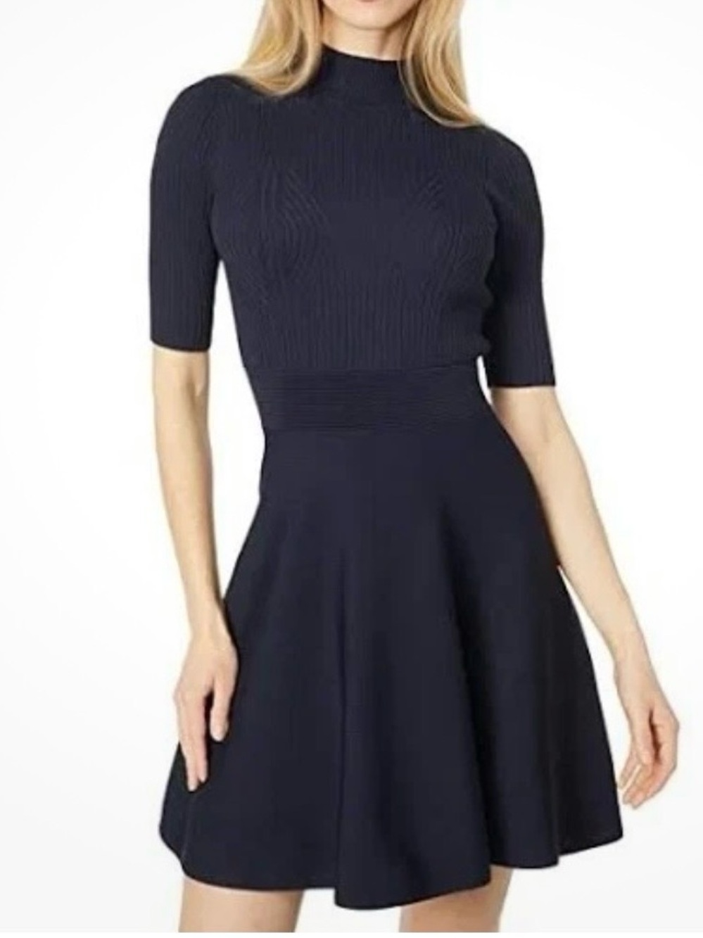 Ted Baker Skater Dress Ribbed Knit Mock Neck Fit Flare Dark Blue